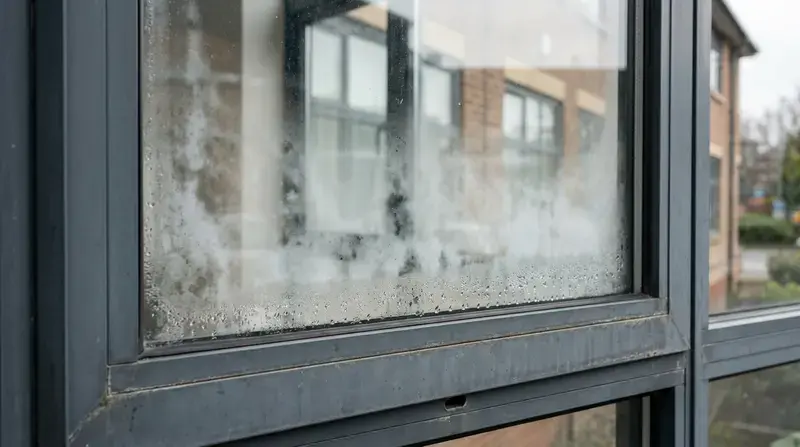 Condensation inside a failed double-glazed unit in a dark aluminium frame