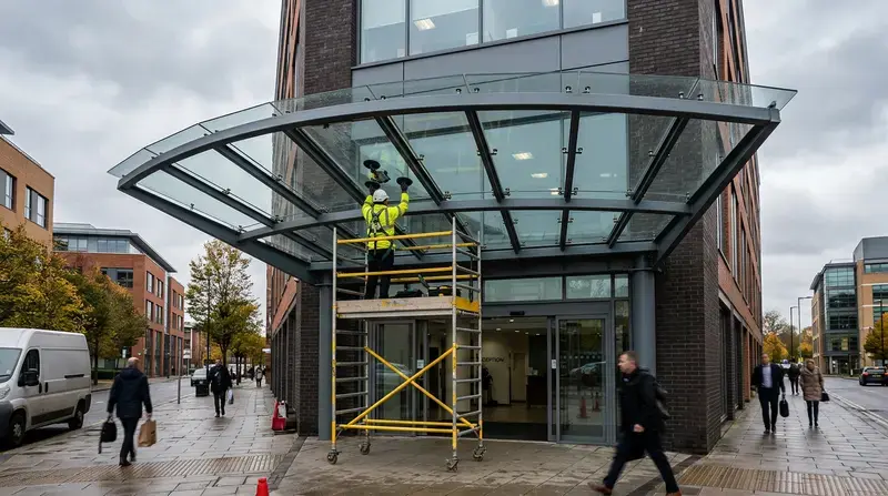 Worker on a mobile tower beneath a curved glass entrance canopy