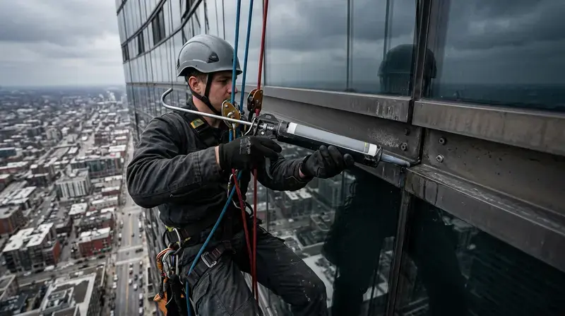 Rope-access technician applying sealant to a high-rise glazed façade
