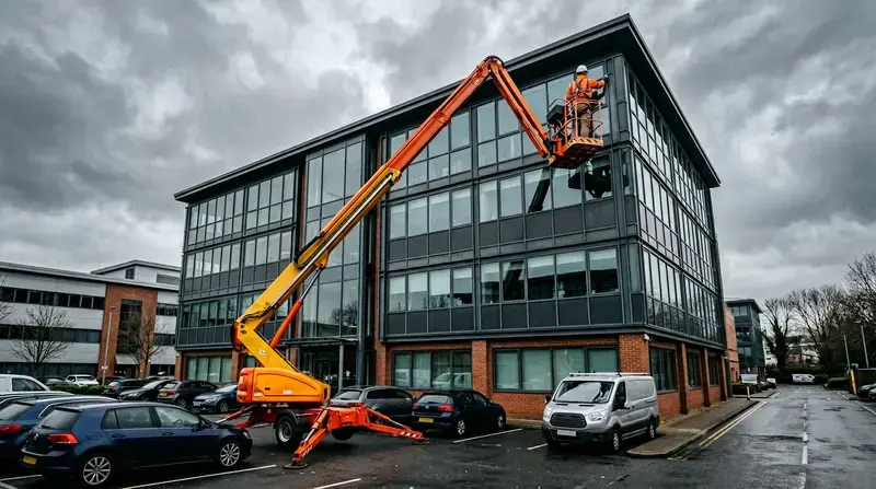 Worker in a mobile elevated work platform beside the upper windows of a commercial building
