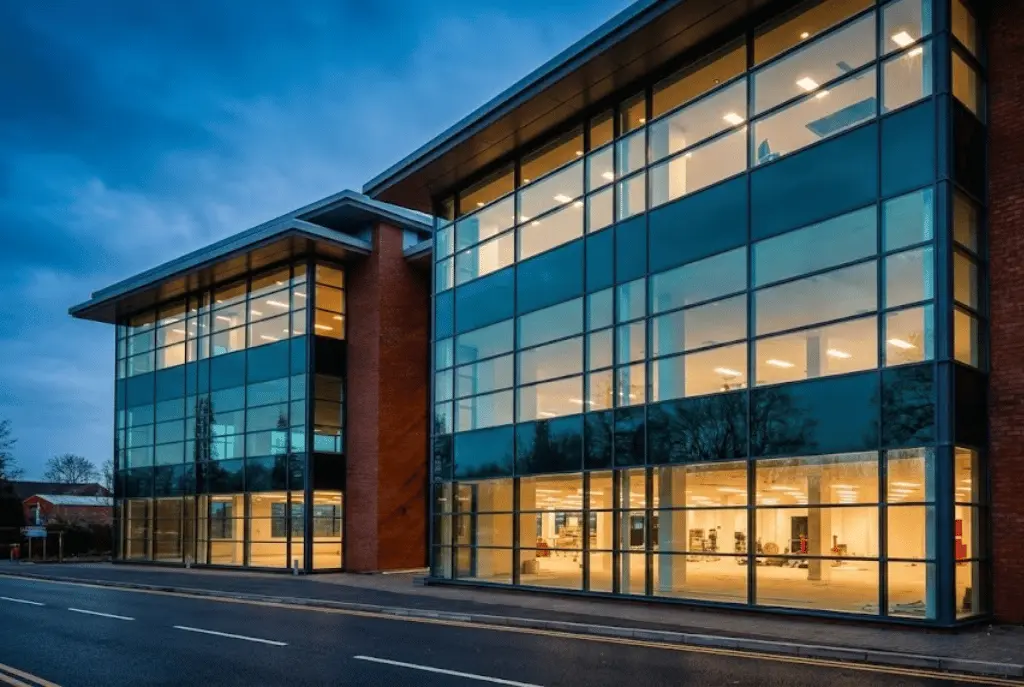Curtain wall refurbishment on commercial building in Leamington Spa showing re-powder coated pressure plates and replaced aluminium pressings
