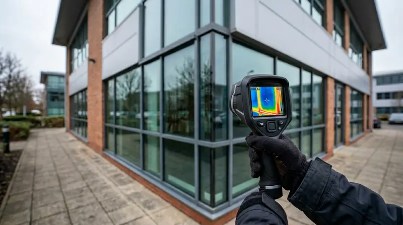Thermal imaging camera aimed at the glazed corner of a commercial building