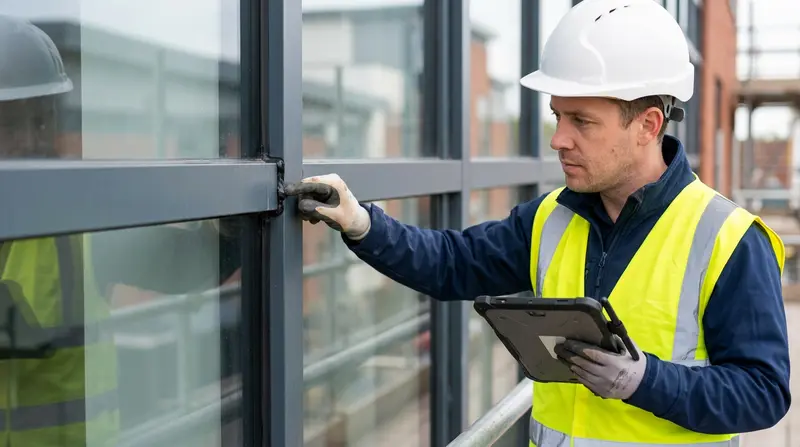 Surveyor inspecting an aluminium-framed glazed façade while holding a tablet